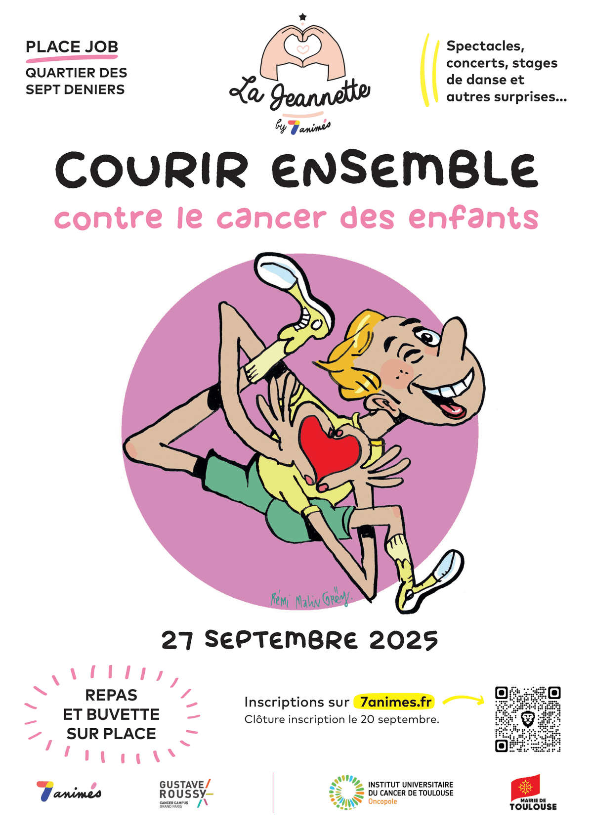 Sur l'affiche, nous pouvons voir l'illustration de la Jeannette 2025? un petit garçon en train de courir, de sourire et de tenir un coeur entre ses mains. Plus bas dans l'affiche, nous pouvons voir les modalités d'inscriptions relatives au texte énoncé plus haut.