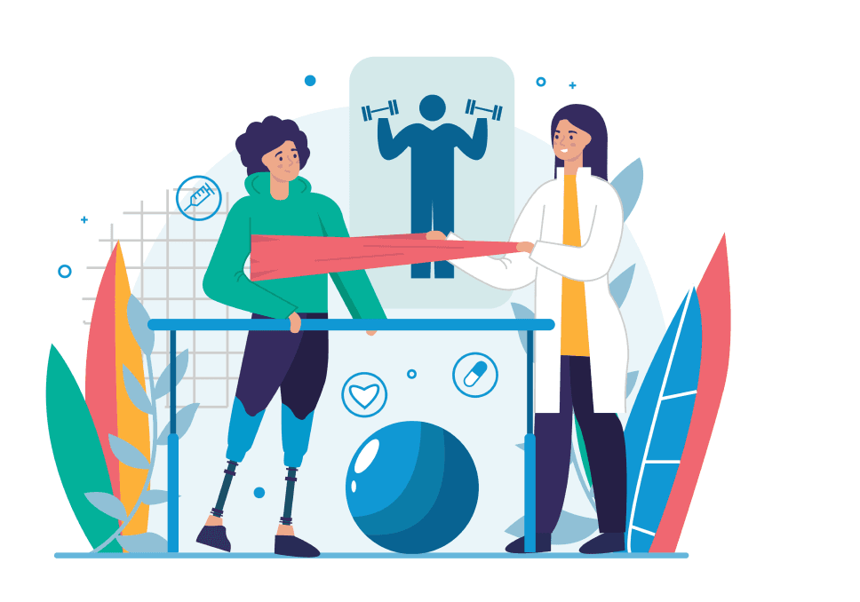 Sur l'image, nous pouvons voir une illustration d'une médecin et d'un patient à elle en train d'utiliser l'ergothérapie pour réhabiliter un patient.