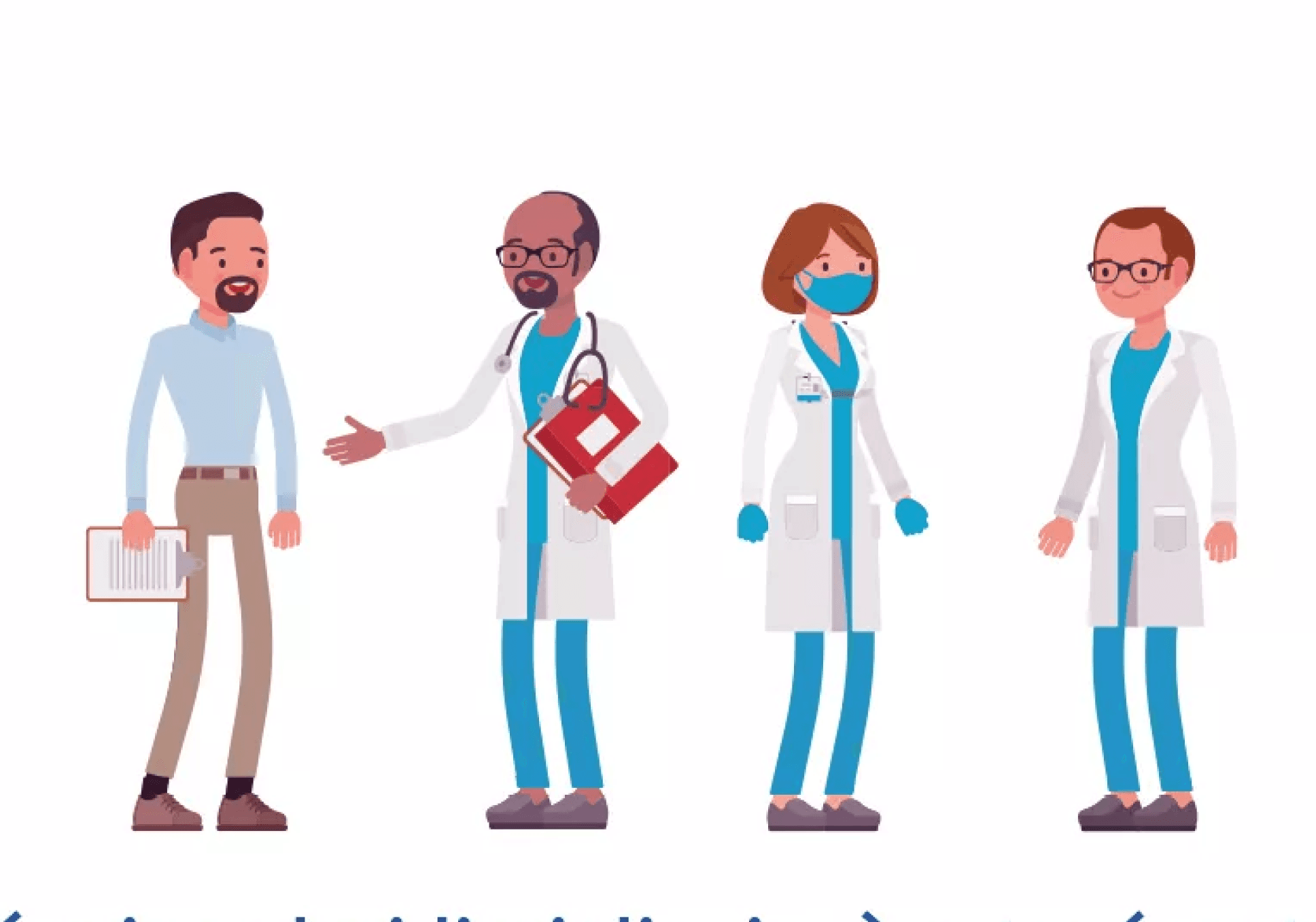 Sur l'image, nous voyons, sous forme d'illustration, 3 professionnels de santé et un usager en train de parler.