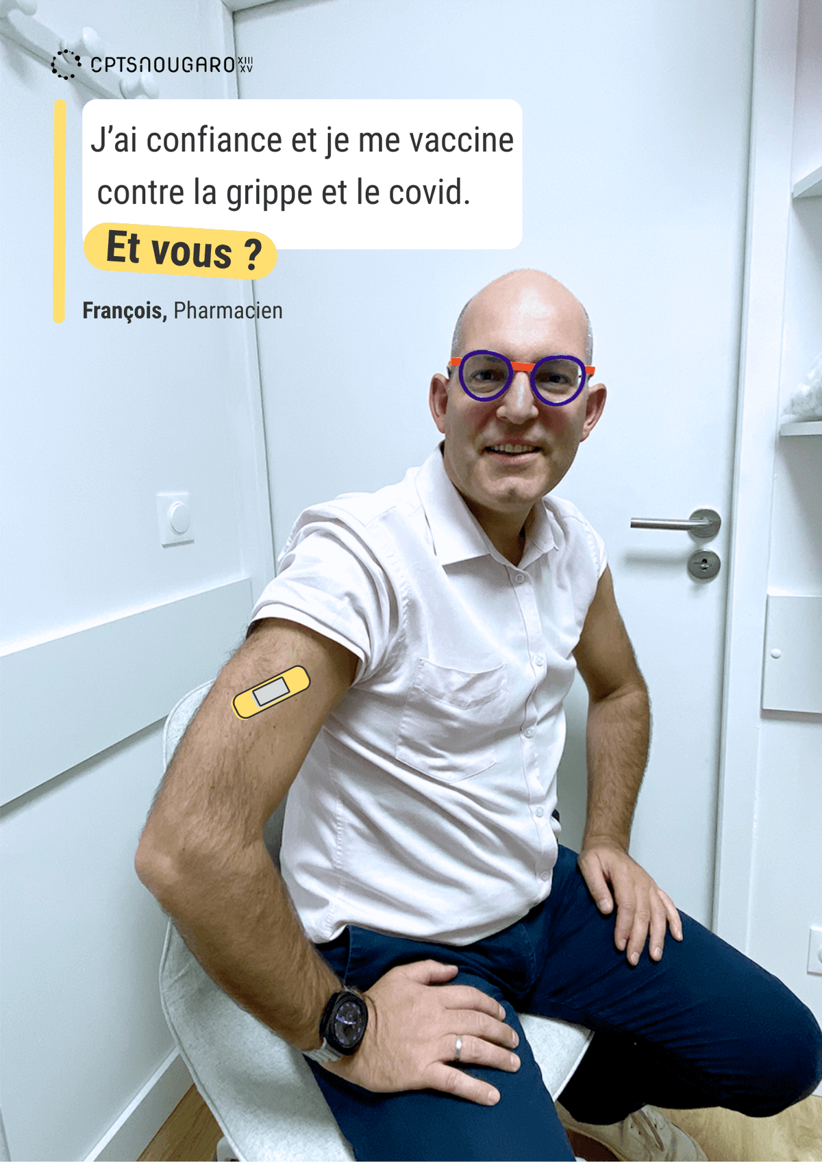 Sur l'image, nous pouvons voir écrit "J'ai confiance et je me vaccine contre la grippe et le covid. Et vous ? François, pharmacien".