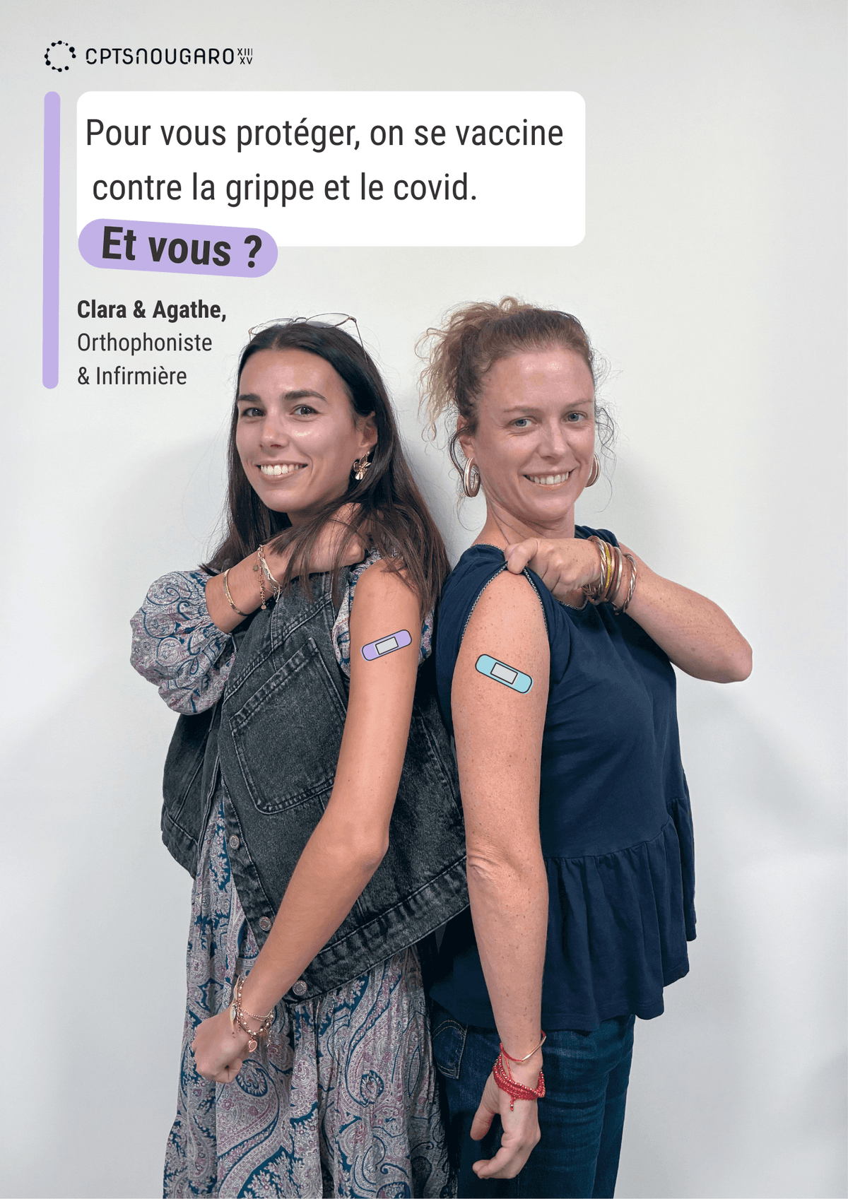 Sur l'image, nous pouvons voir écrit "Pour vous protéger, on se vaccine contre la grippe et le covid, et vous ? Clara & Agathe, Orthophoniste & infirmière".