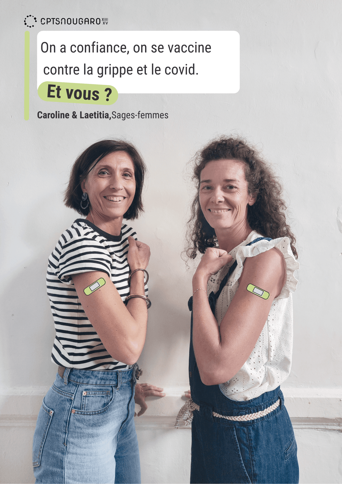 Sur l'image, nous pouvons voir écrit " On a confiance, on se vaccine contre la grippe et le covid.Et vous ? Caroline & Laetitia, Sage-femmes".