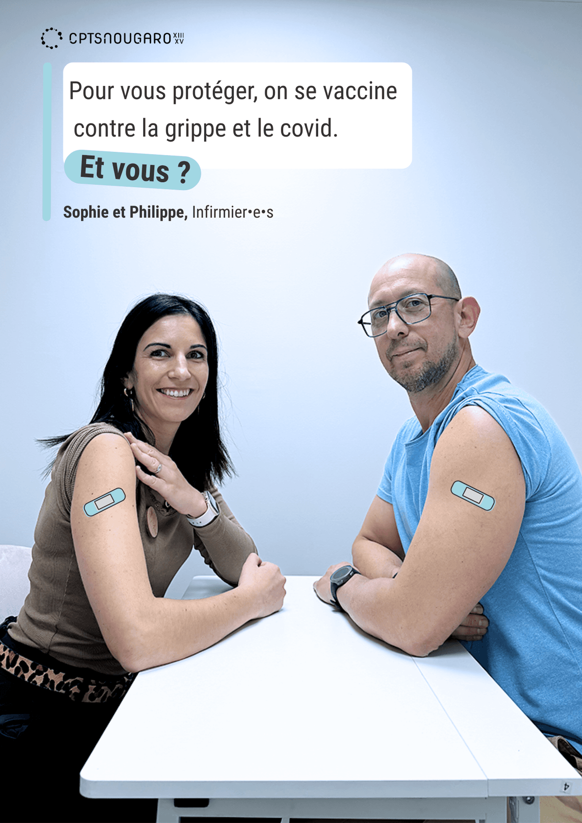 Sur l'image, nous pouvons voir écrit " Pour vous protéger, on se vaccine contre la grippe et le covid. Et vous ? Sophie et Philippe, infirmier.e.s".