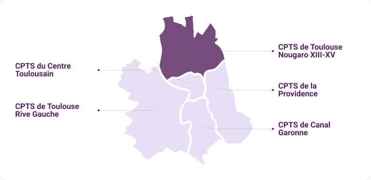 Illustration qui représente la carte des différentes CPTS sur le territoire Toulousain.