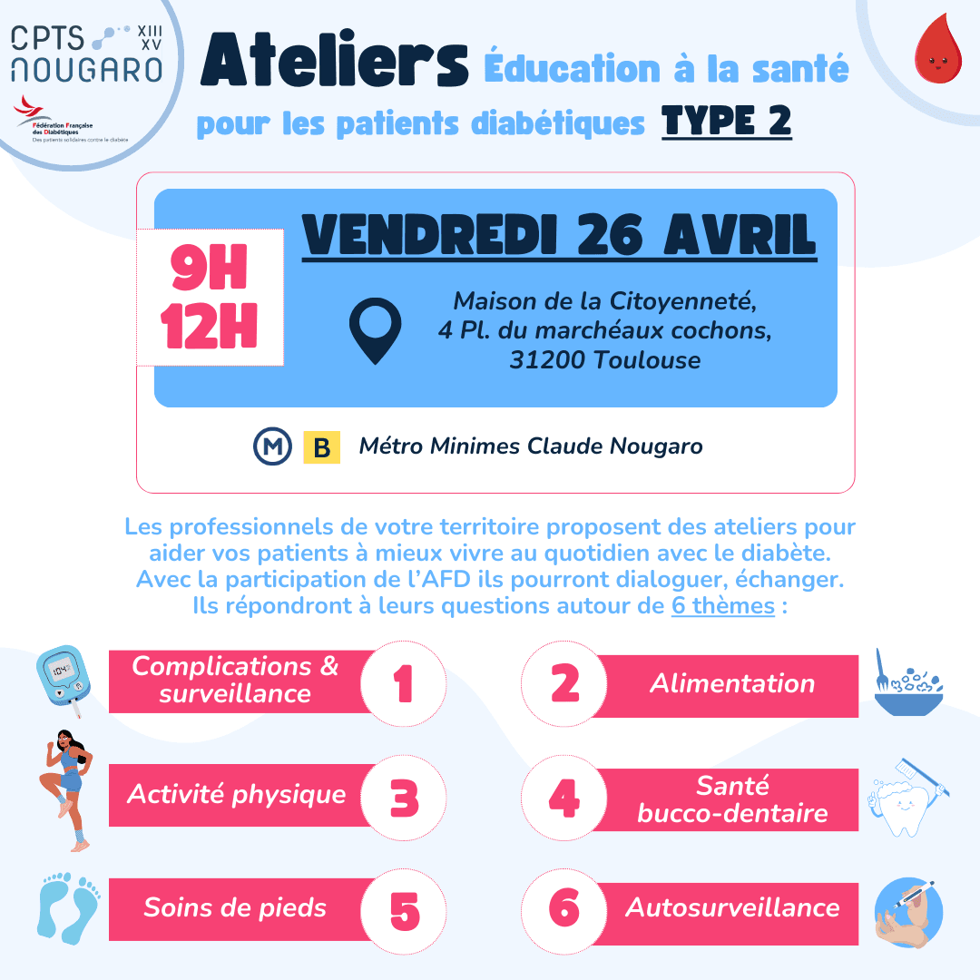Affiche qui présente l'évènement organisé par CPTS Nougaro à Toulouse : Des ateliers pour les patients diabétiques de type 2.