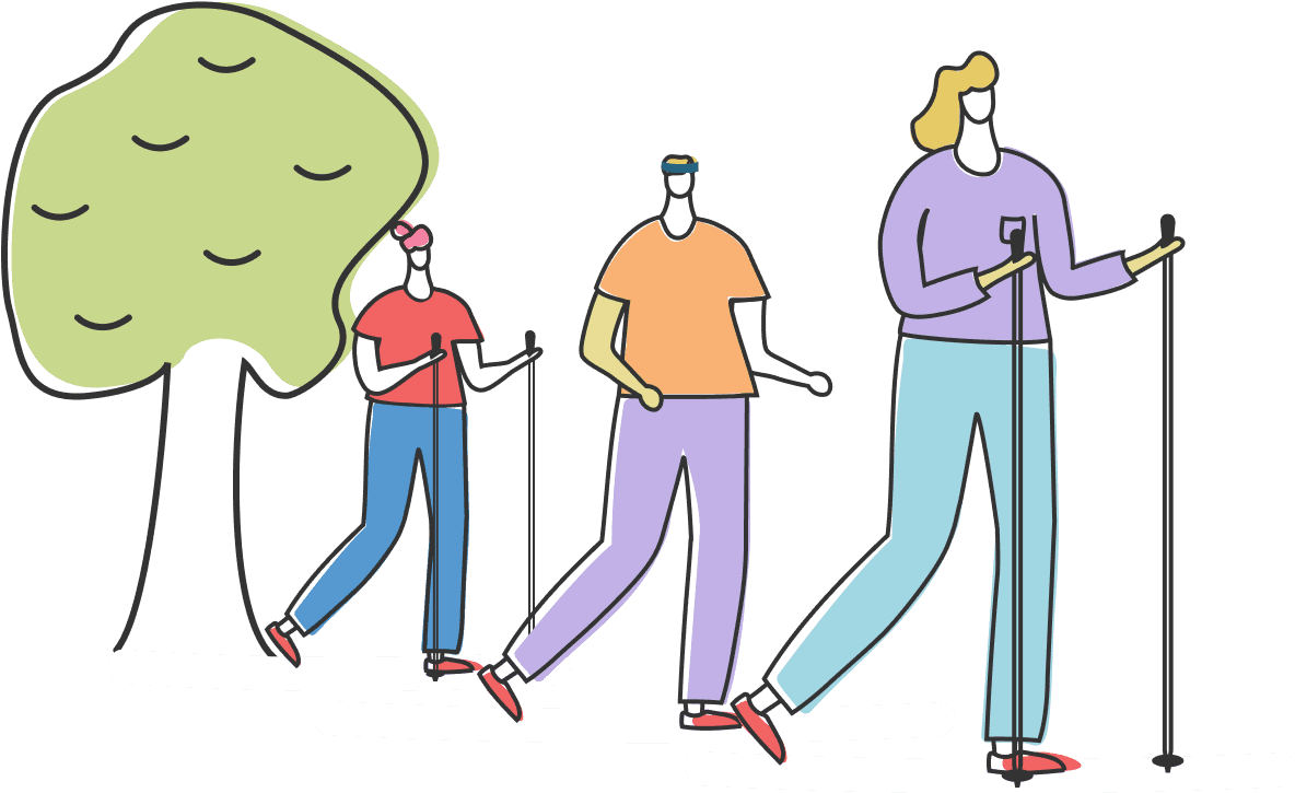 Sur l'image, nous pouvons voir une illustration de trois personnages, deux avec des bâtons et 1 seul sans, en train de faire de la marche rapide.