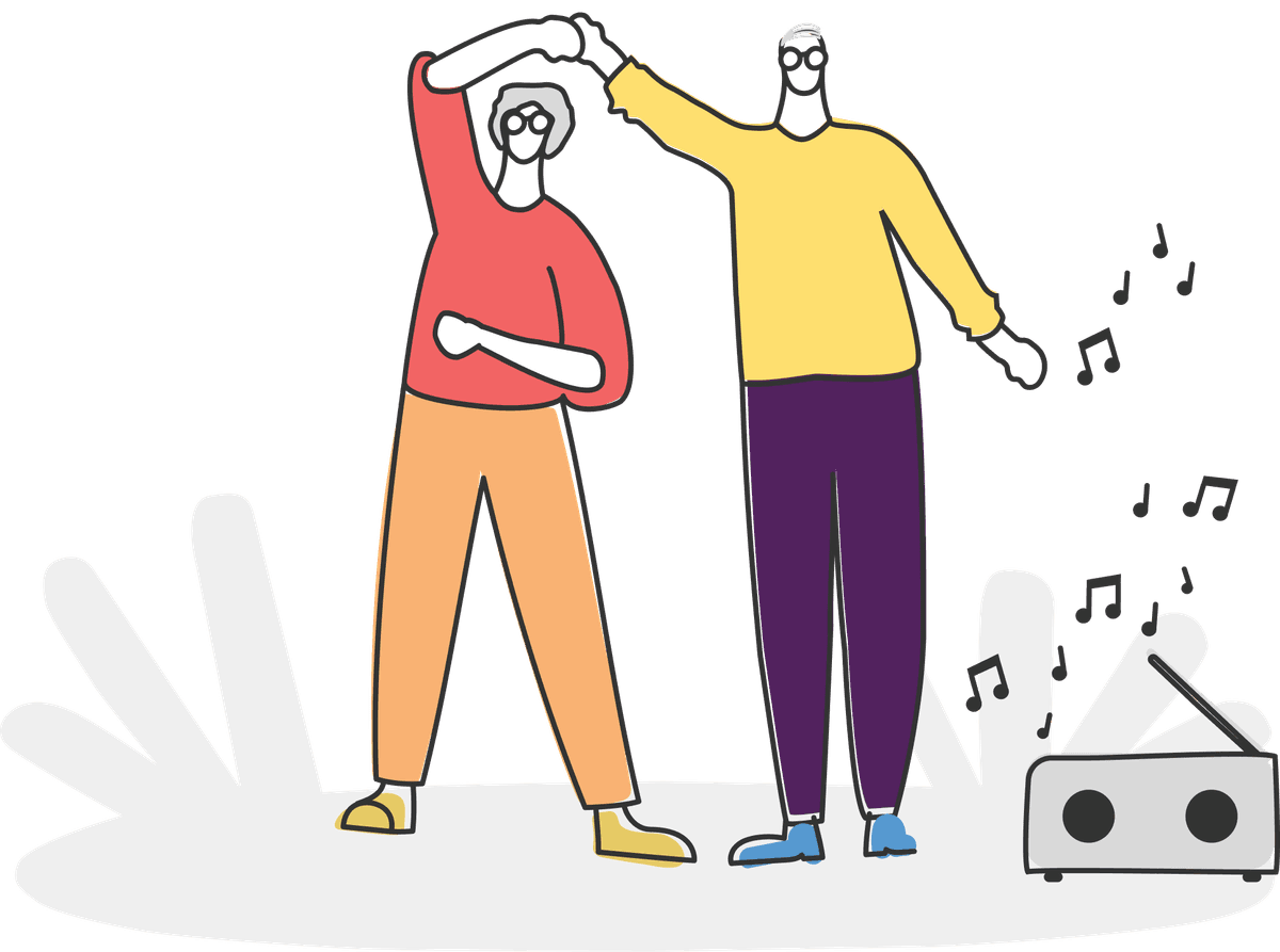 illustration qui met en scène un couple homme et femme de personnes âgés, en train de danser.