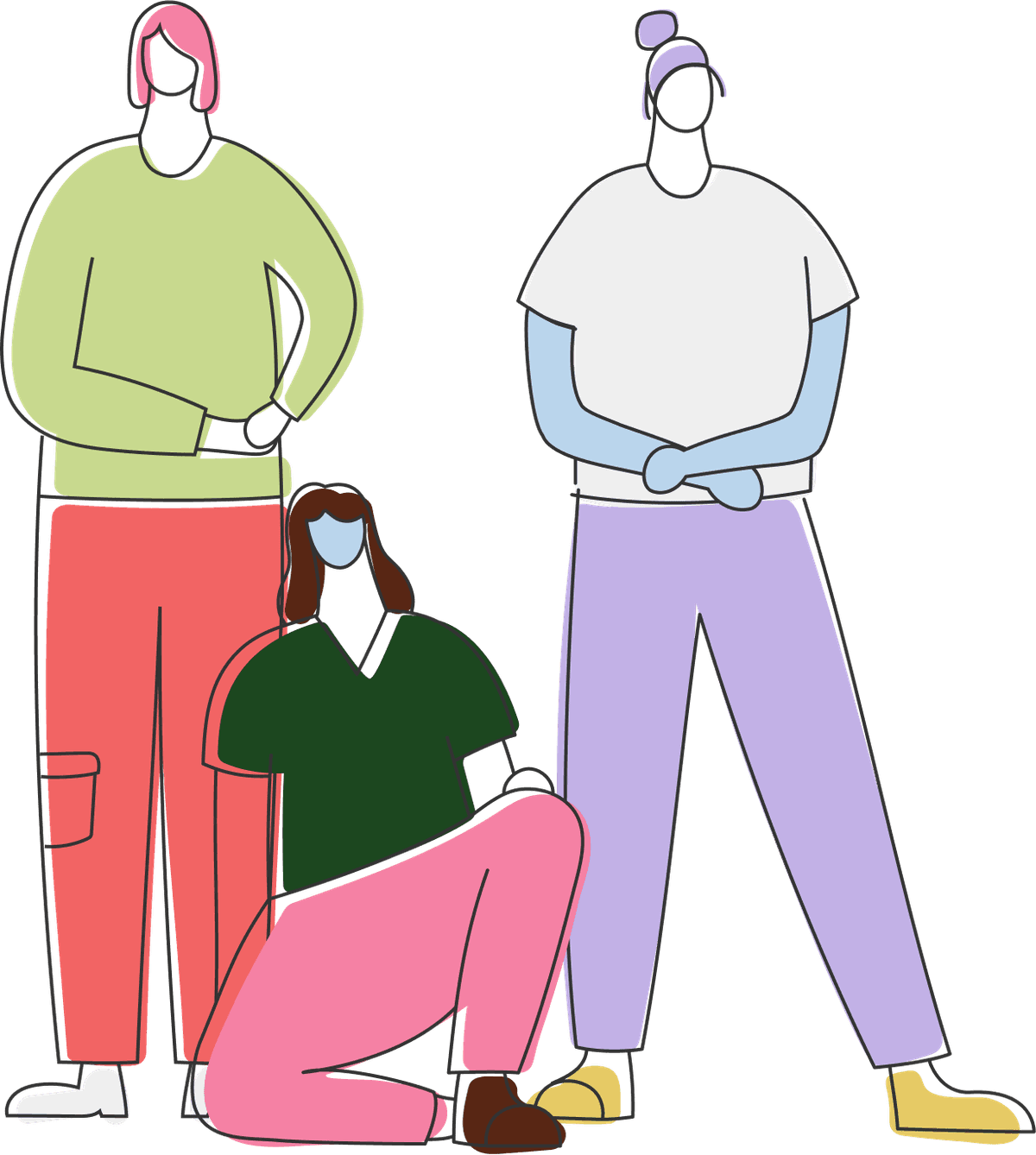 Illustration qui présente le groupe d'échange fausse couche avec 3 femmes : deux debout et 1 assise
