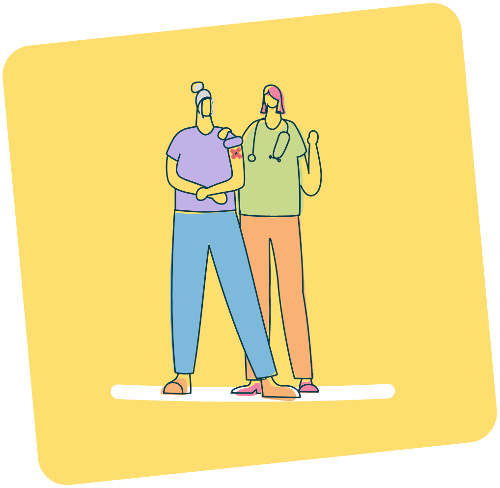 Sur l'image, nous voyons l'illustration d'un soignant en train de rassurer une patient qui vient de se faire vacciner.