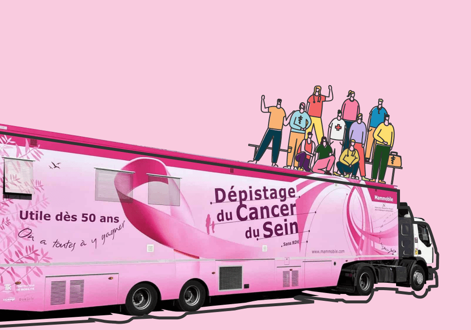 Sur l'image, nous pouvons voir le mammobile de face avec une illustration des professionnels de santé de la CPTS Nougaro.