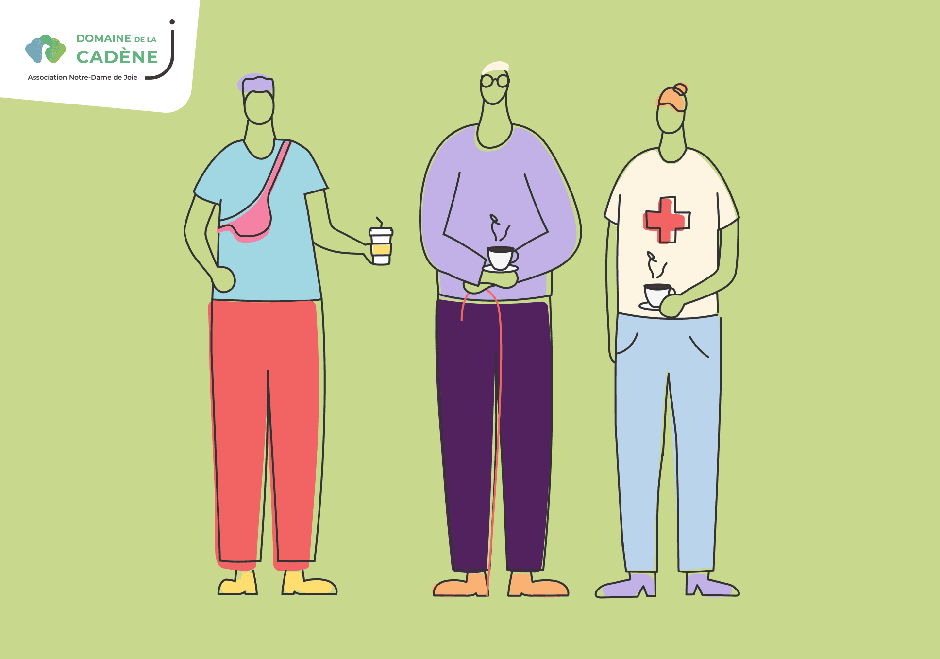 Sur l'image, nous pouvons voir une illustration composée de 3 personnages en train de discuter autour d'un café. En bas à droite de l'image, nous pouvons voir le logo du domaine de cadène, domaine qui accueille l'évènement café des aidants.