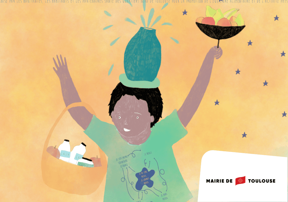 Sur l'image, nous voyons un enfant en train de courir et de tenir un panier rempli de lait. En bas à droite, nous pouvons voir le logo de la mairie de toulouse.