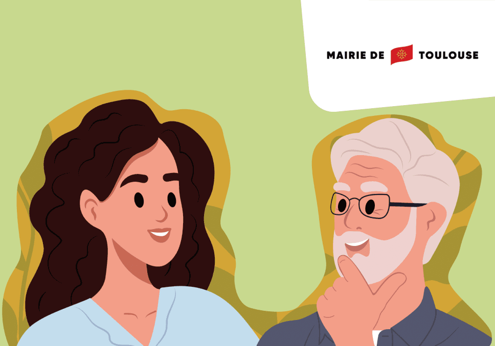 Sur l'image, nous pouvons voir le logo de la Mairie de Toulouse, avec une illustration en dessous, d'une professionnelle de santé qui accompagne et discute avec un senior.