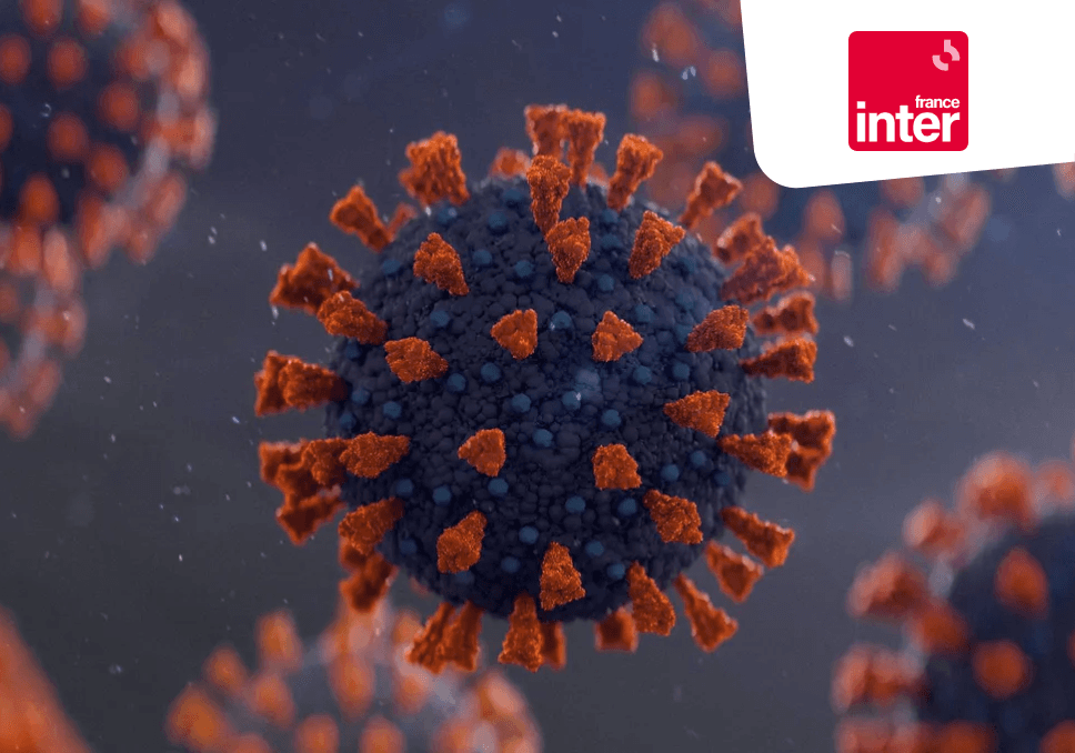 Sur l'image, nous pouvons voir l'image d'un virus qui incarne le covid 19. En haut à droite, nous pouvons voir également le, logo france inter, un carré rouge avec une typographie blanche "France inter".