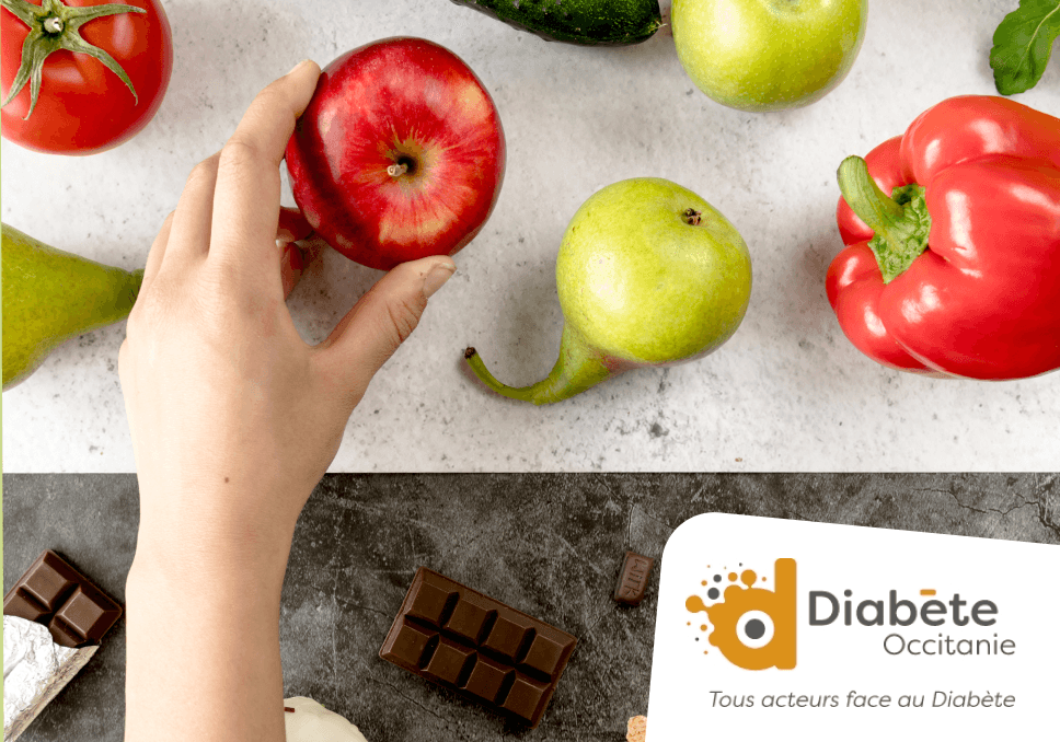 Sur l'image, nous pouvons voir une personne en train de choisir une pomme plutôt que des aliments sucrés. En bas à gauche, nous pouvons voir le logo Diabète Occitanie.