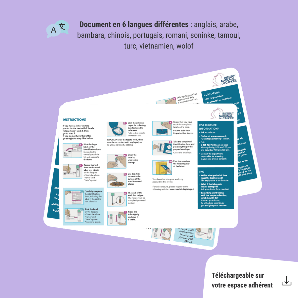 Sur l'image, nous pouvons voir écrit : Document en 6 langues différentes : anglais, arabe, bambara, chinois, portugais, romani, soninke, tamoul, turc, vietnamien, wolof et téléchargeable sur votre espace adhérent.