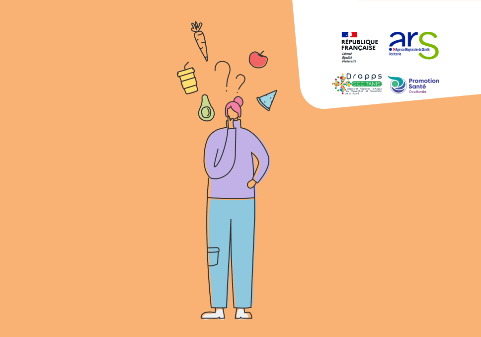 Sur l'image, nous pouvons voir un personnage en train de se questionnaire sur la nutrition. Il a tout autour de lui, des illustrations de fruits & légumes pour renforcer le sentiment qu'il se questionne.