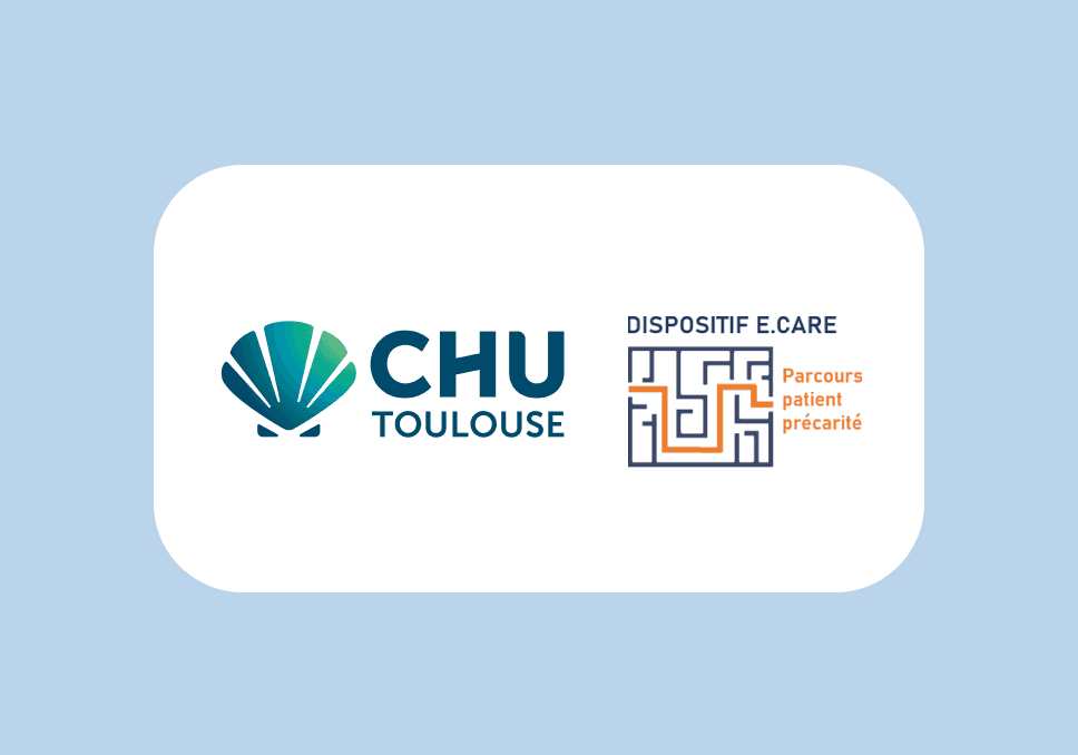 Sur l'image, nous pouvons voir le logo CHU Purpan et le logo du dispositif e-care, parcours patient précarité.