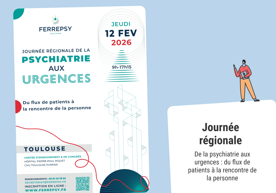 Sur l'image, nous pouvons voir l'affiche qui concerne l'évènement en question. A gauche est écrit : " Journée régionale, de la psychiatrie aux urgences : du flux de patients à la rencontre de la personne".