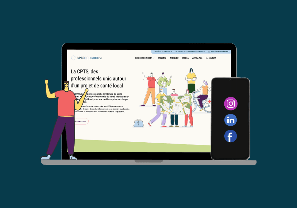 Sur l'image, nous pouvons voir un ordinateur et un téléphone portable. Sur l'ordinateur portable, nous pouvons voir la capture d'écran du site internet CPTS Nougaro. Sur le téléphone, nous pouvons voir 3 logos : Instagram, Facebook et Linkedin.