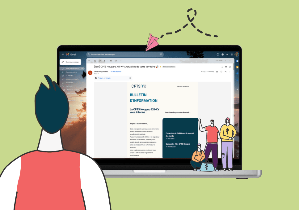 Sur l'image, nous pouvons voir un personnage qui regarde son écran d'ordinateur et plus spécifiquement, qui regarde la newsletter reçue dans sa boite mail GMail.