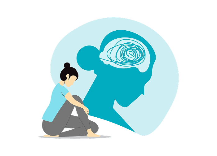 Sur l'image, nous pouvons voir une femme assise à gauche, et qui baisse la tête. En deuxième plan, nous pouvons voir l'ombre de sa silhouette avec , à l'intérieur de son cerveau, un marasme de gribouillis pour accentuer "le brouillard mental".