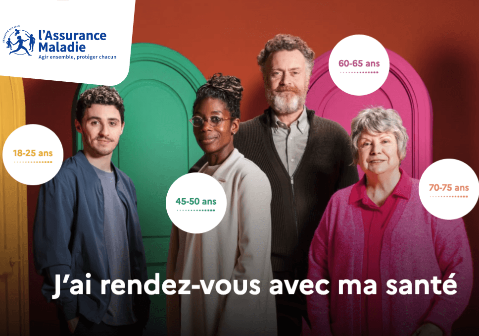 Sur l'image, nous pouvons voir en premier lieu, le logo de l'assurance maladie en haut à gauche. Ensuite, nous pouvons voir que l'image est composée de 4 personnes : une personne de 18-25 ans, une personne de 45-50 ans, une personne de 60-65 ans et une autre de 70-75 ans.En bas de l'image est écrit : J'ai rendez-vous avec ma santé.