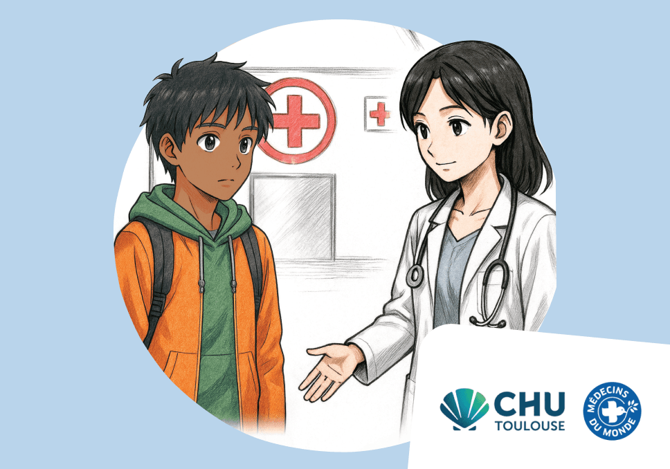 Sur l'image, nous pouvons voir une médecin qui propose de prendre la main d'un mineur non accompagné au sein d'un hôpital. Sur le côté droit, nous pouvons voir deux logos : CHU de Toulouse et Médecins du Monde.