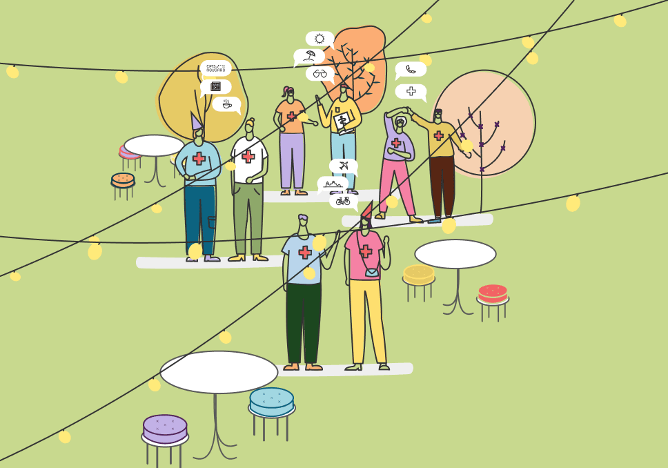 Sur l'image, nous voyons des illustrations de personnes en train de discuter ensemble, sous des guirlandes.