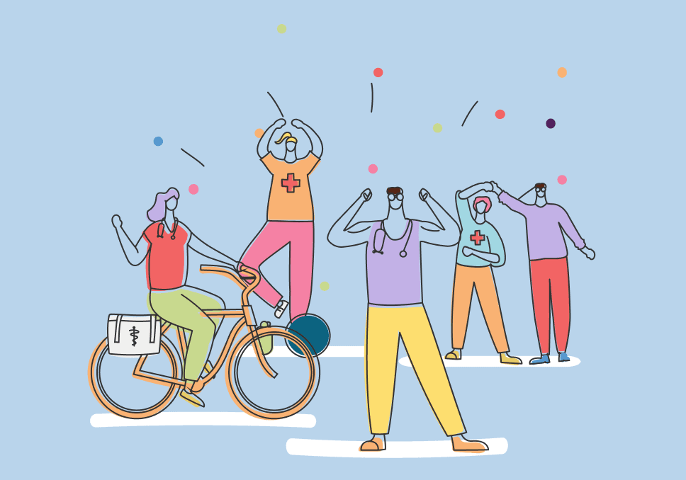 Sur l'image, nous pouvons voir des professionnels de santé en train de faire du sport : vélo, musculation, gym et danse.
