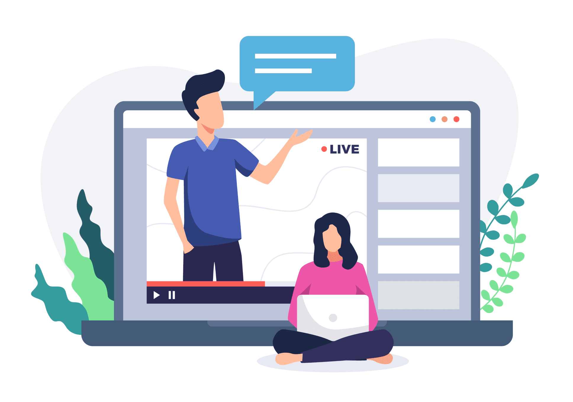 Sur l'image, nous pouvons voir une illustration représentation un professeur en train de faire un cours en ligne dans un ordinateur et une élève assise sur le côté de l'ordinateur en train d'écouter.
