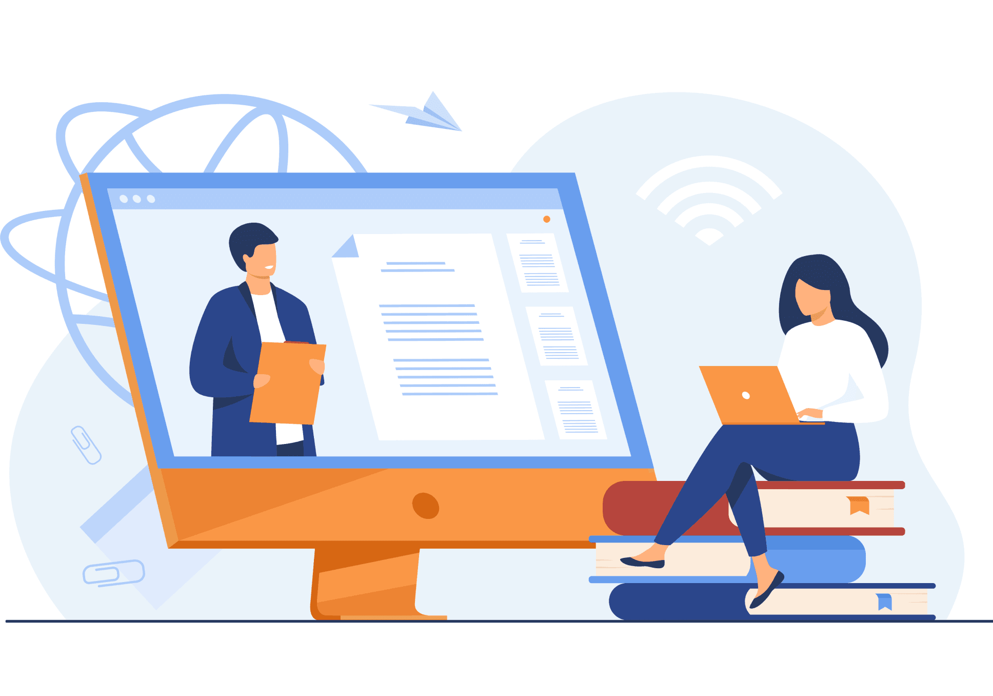 Sur l'image, nous pouvons voir une illustration composée d'un homme donnant un cours dans un ordinateur et une femme assise sur des livres en train d'écrire sur son ordinateur portable.